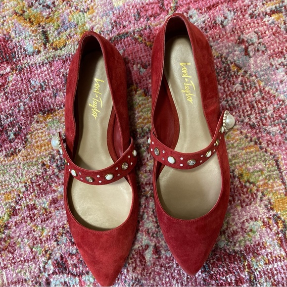 Lord &Taylor size 6.5 Red Suede Flats with Stones on Strap Good Condition - Picture 10 of 12